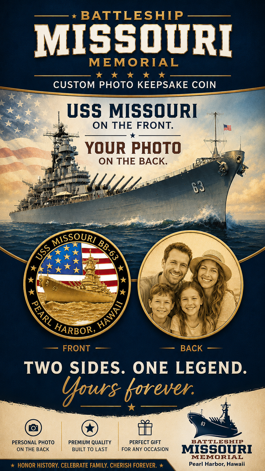 Custom Photo Challenge Coin Battleship Missouri (2 QTY)